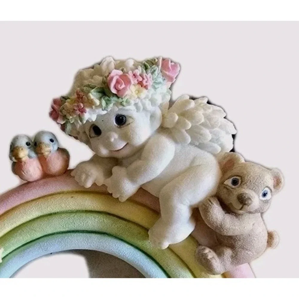 VTG Cherub Angel Rainbow Photo Frame Pastel‎ Resin Figurine Baby & Child Nursery